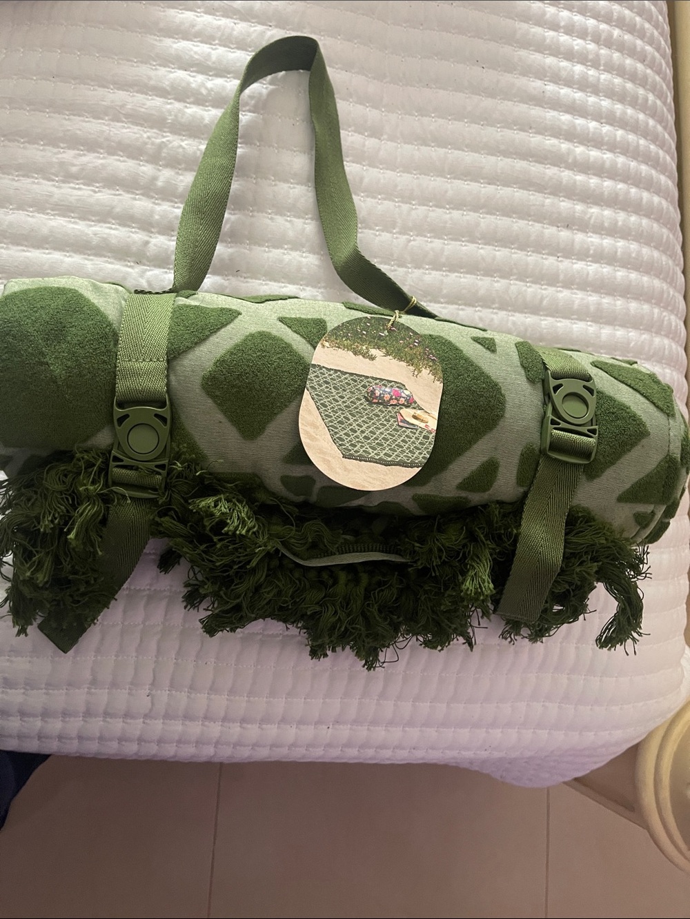 Green Patterned Fringe Tote Bag with Strap